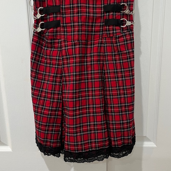 Tripp NYC Red Plaid Pinafore Dress with Black Lace Trim - Picture 3 of 5